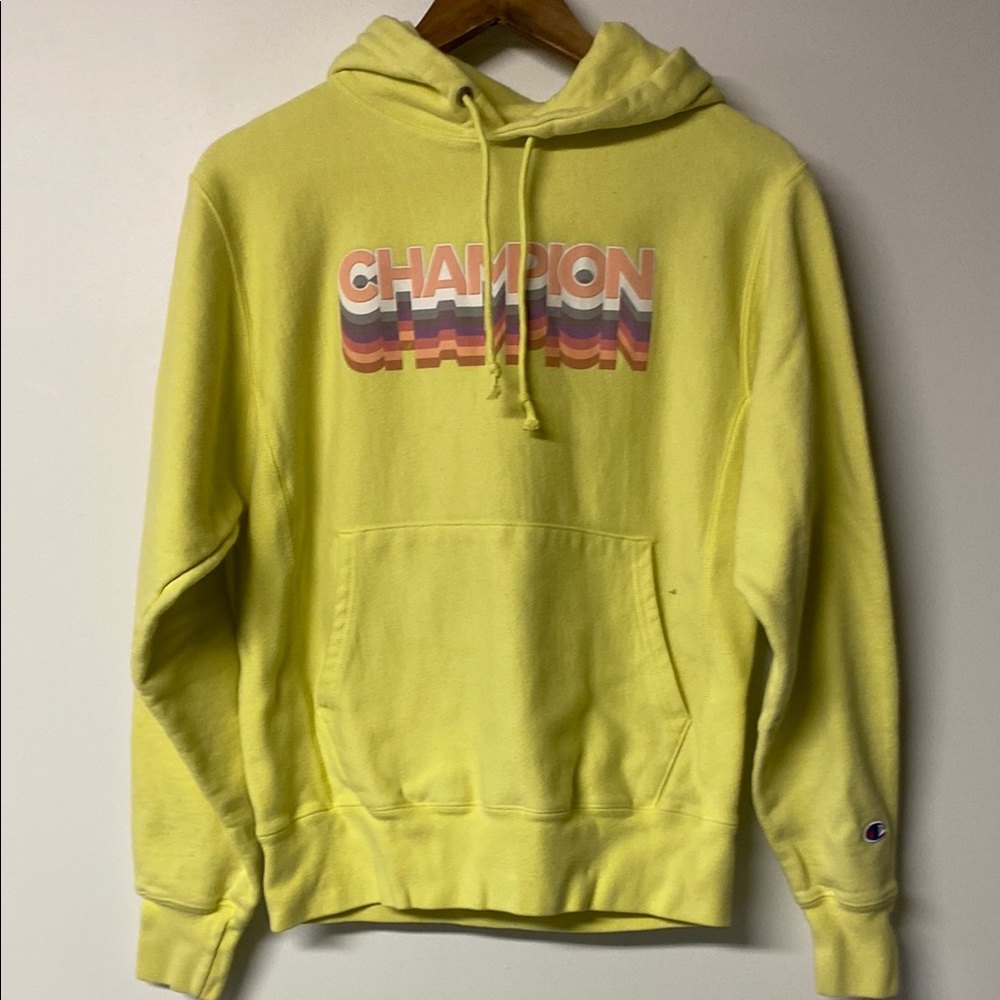 CHAMPION Yellow Hoodie Retro Graphic Sweatshirt